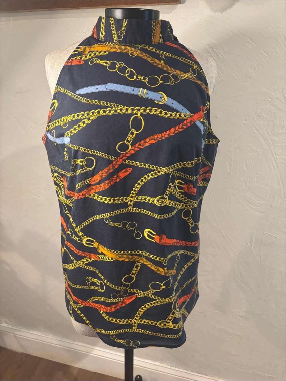 1901 Navy Halter Mini Skirt with Gold Chain & Red Accent Print